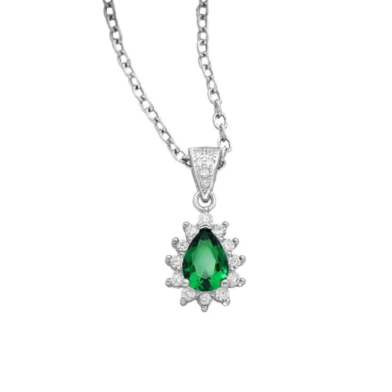 Sterling Silver Pear-Shaped CZ Simulated Diamond Halo Pendant Necklace in Emerald - White sold by Zulily
