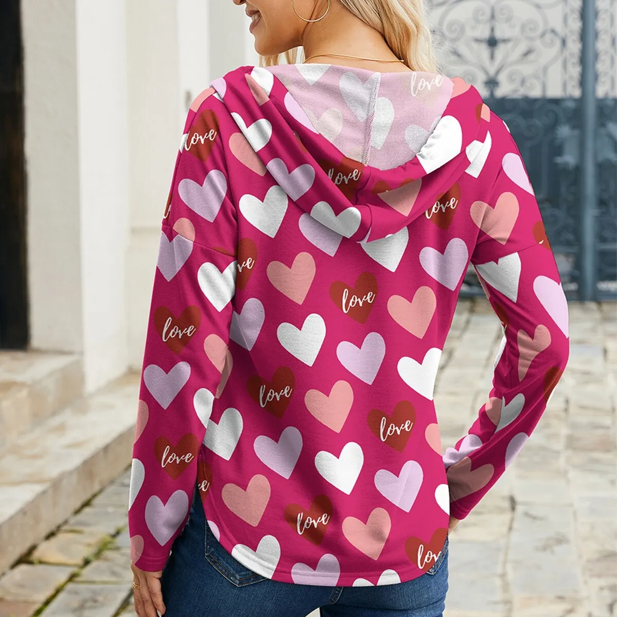 Pink Heart Print Drawstring Long Sleeve Hoodie sold by Zulily product image thumbnail 2