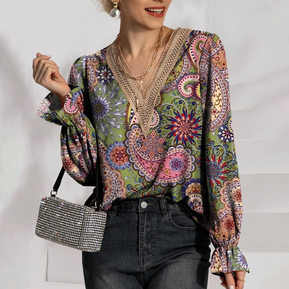 Multi Color Floral Print Eyelet V-Neck Flounce Sleeve Blouse sold by Zulily