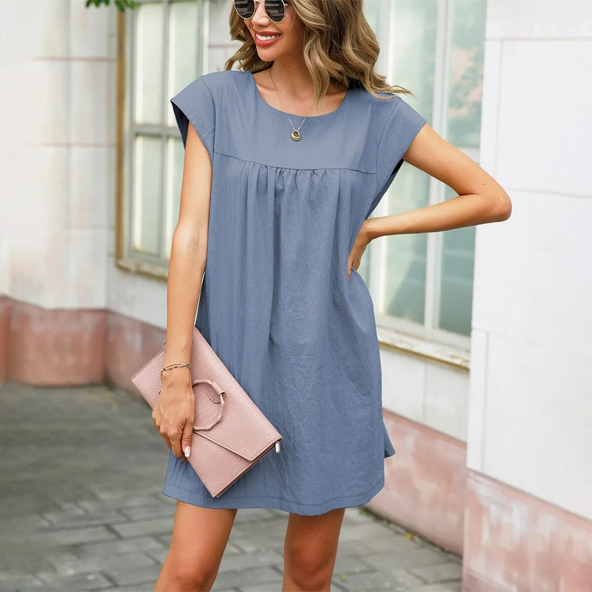 Dusty Blue Round Neck Cap Sleeve Dress sold by Zulily