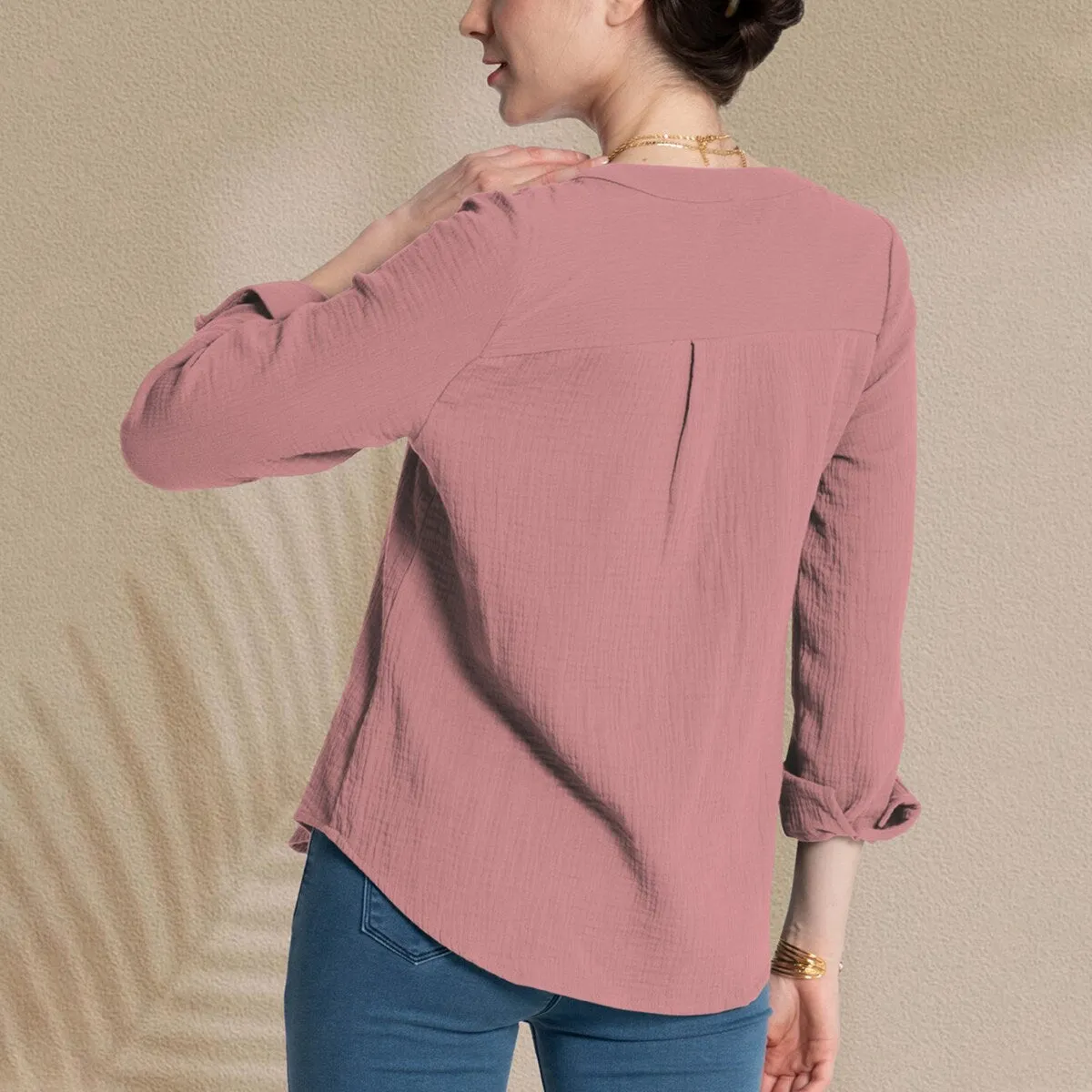 Pink Crinkle Notched Long Sleeve Blouse sold by Zulily product image thumbnail 2