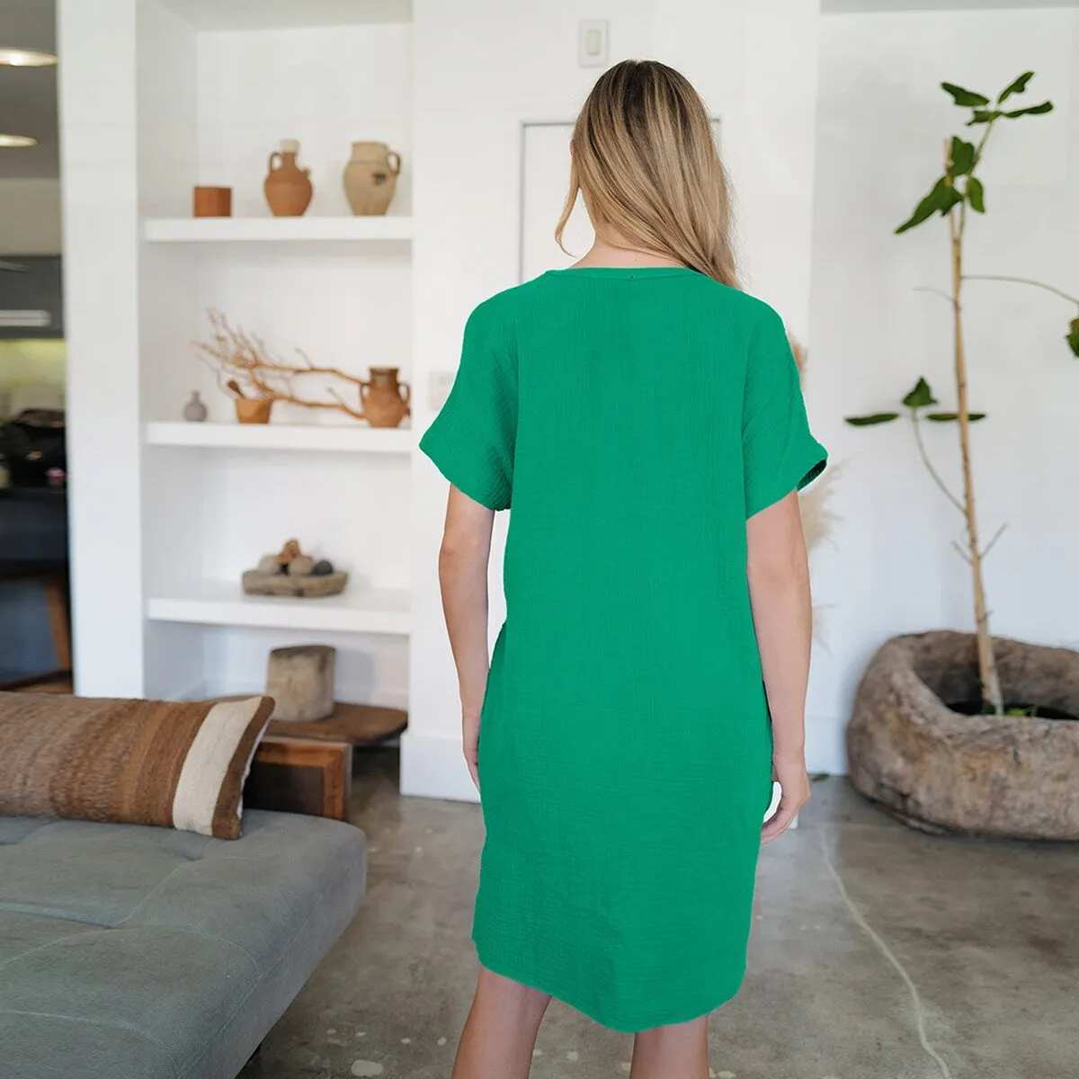 Green Crinkle Slit Notched Short Sleeve Mini Dress sold by Zulily product image thumbnail 2