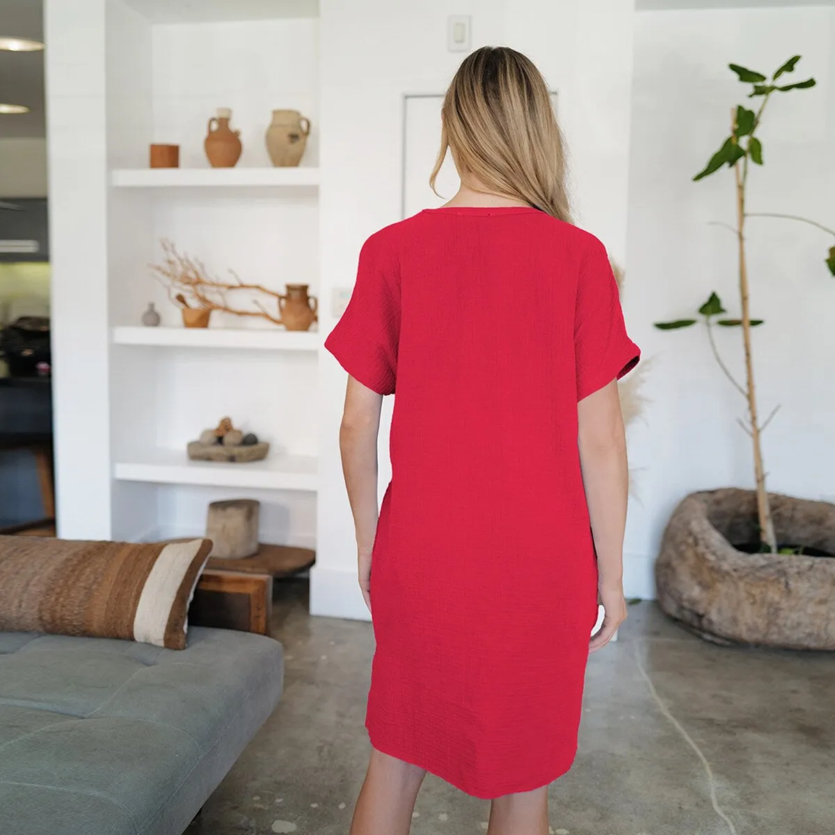 Red Crinkle Slit Notched Short Sleeve Mini Dress sold by Zulily product image thumbnail 2