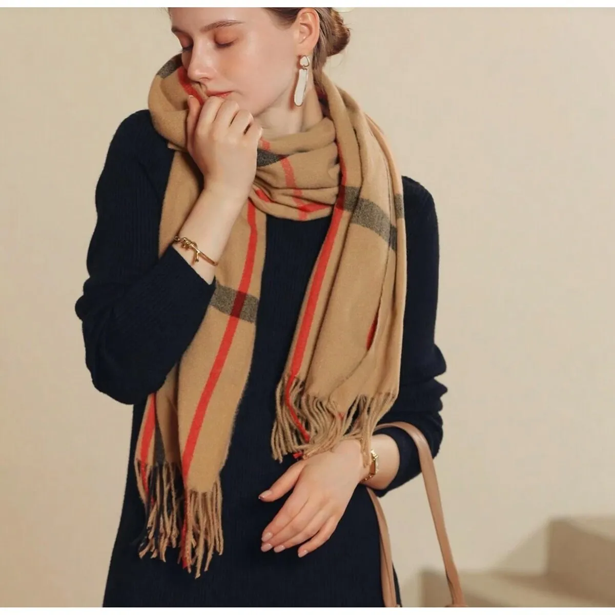 Beige Black And Red Plaid Scarf sold by Zulily product image thumbnail 3