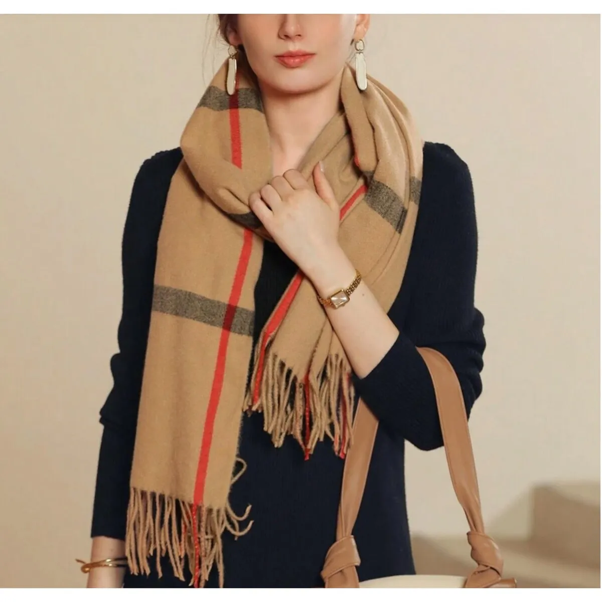 Beige Black And Red Plaid Scarf sold by Zulily product image thumbnail 4