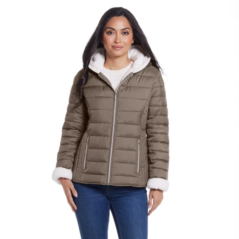 Channel Quilted Puffer Jacket with Sherpa lining sold by Zulily