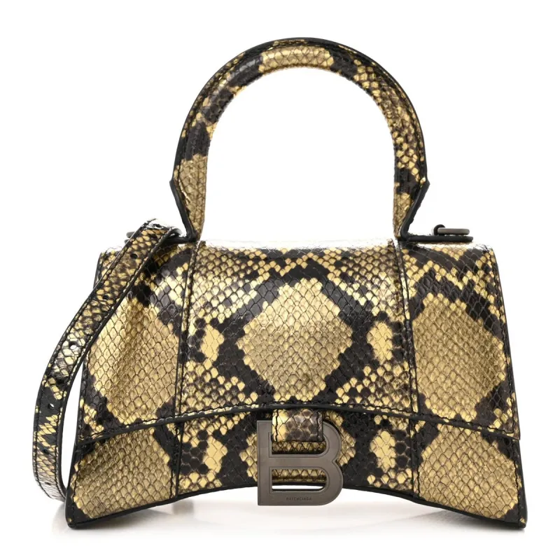 Balenciaga Shiny Calfskin Snakeskin Embossed Hourglass Top Handle Bag XS Gold Black - Extra Small sold by Zulily
