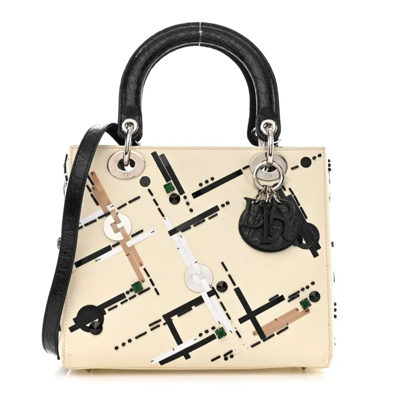 Dior Smooth Calfskin Crocodile Crystal Geometric Embellished Medium Lady Dior White sold by Zulily