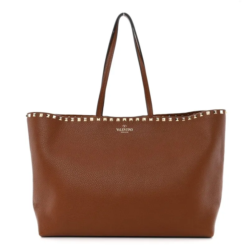 Valentino Grained Calfskin Small Rockstud Shoulder Tote Saddle Brown (Pre-Owned) - One Size made by Valentino