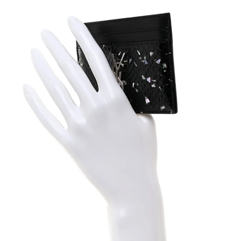 Saint Laurent Snakeskin Calfskin Glitter Monogram Credit Card Case Black Multicolor - One Size sold by Zulily