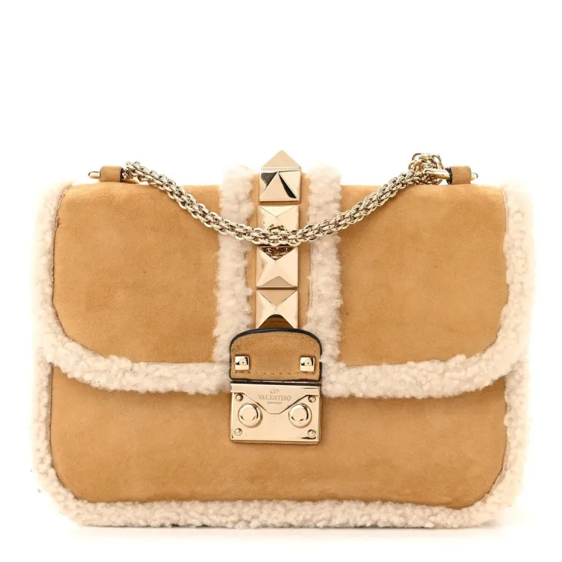 Valentino Shearling Small Glam Lock Rockstud Flap Tan (Pre-Owned) sold by Zulily
