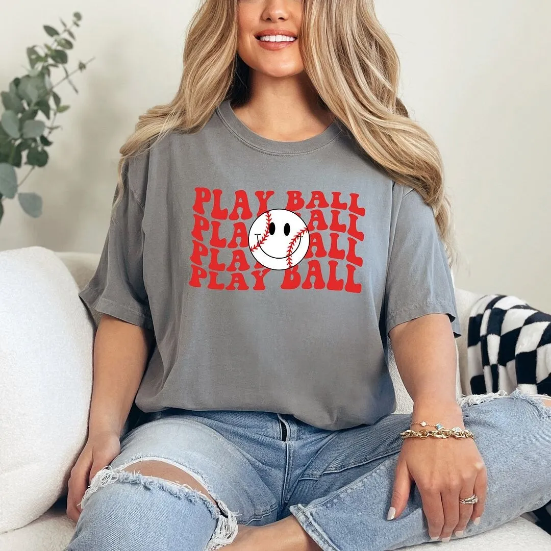 Play Ball Stacked Smiley Face Garment Dyed Tee sold by Zulily