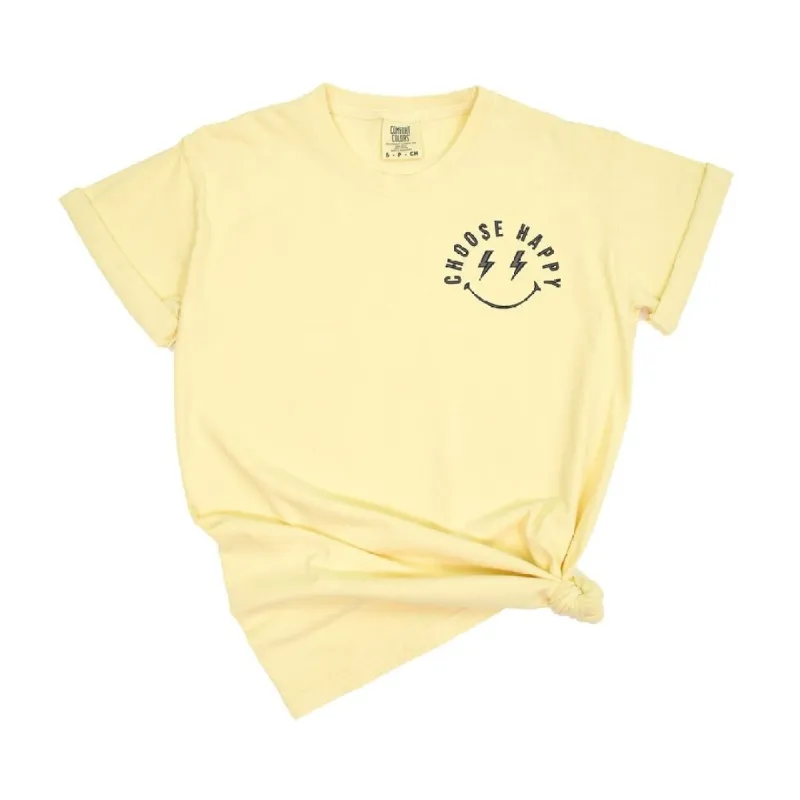 Embroidered Choose Happy Lightning Smiley Face Left Chest Garment Dyed Tee sold by Zulily