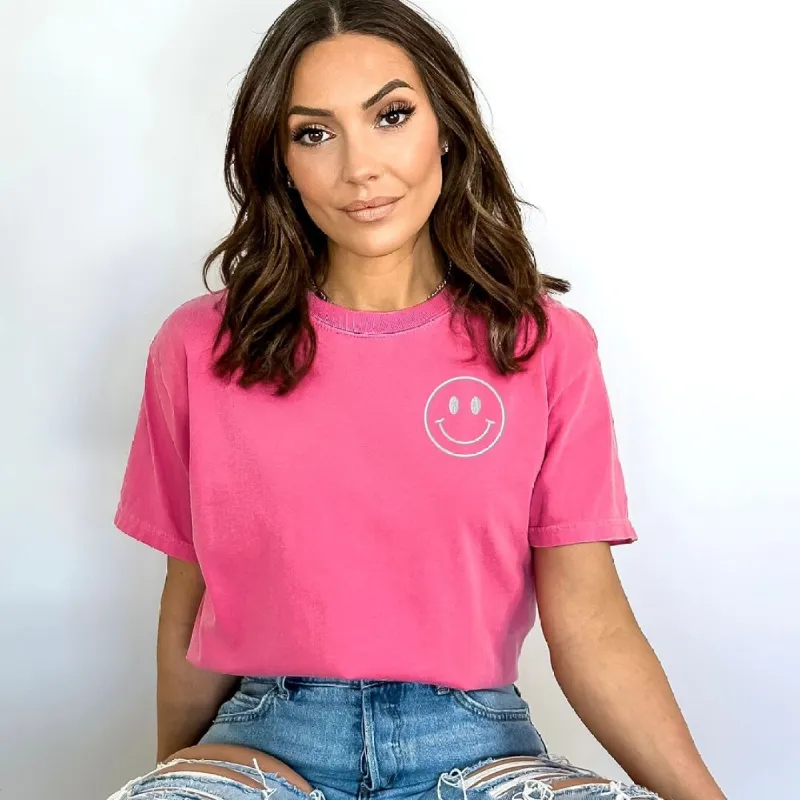 Embroidered Smiley Face Outline Left Chest Garment Dyed Tee sold by Zulily