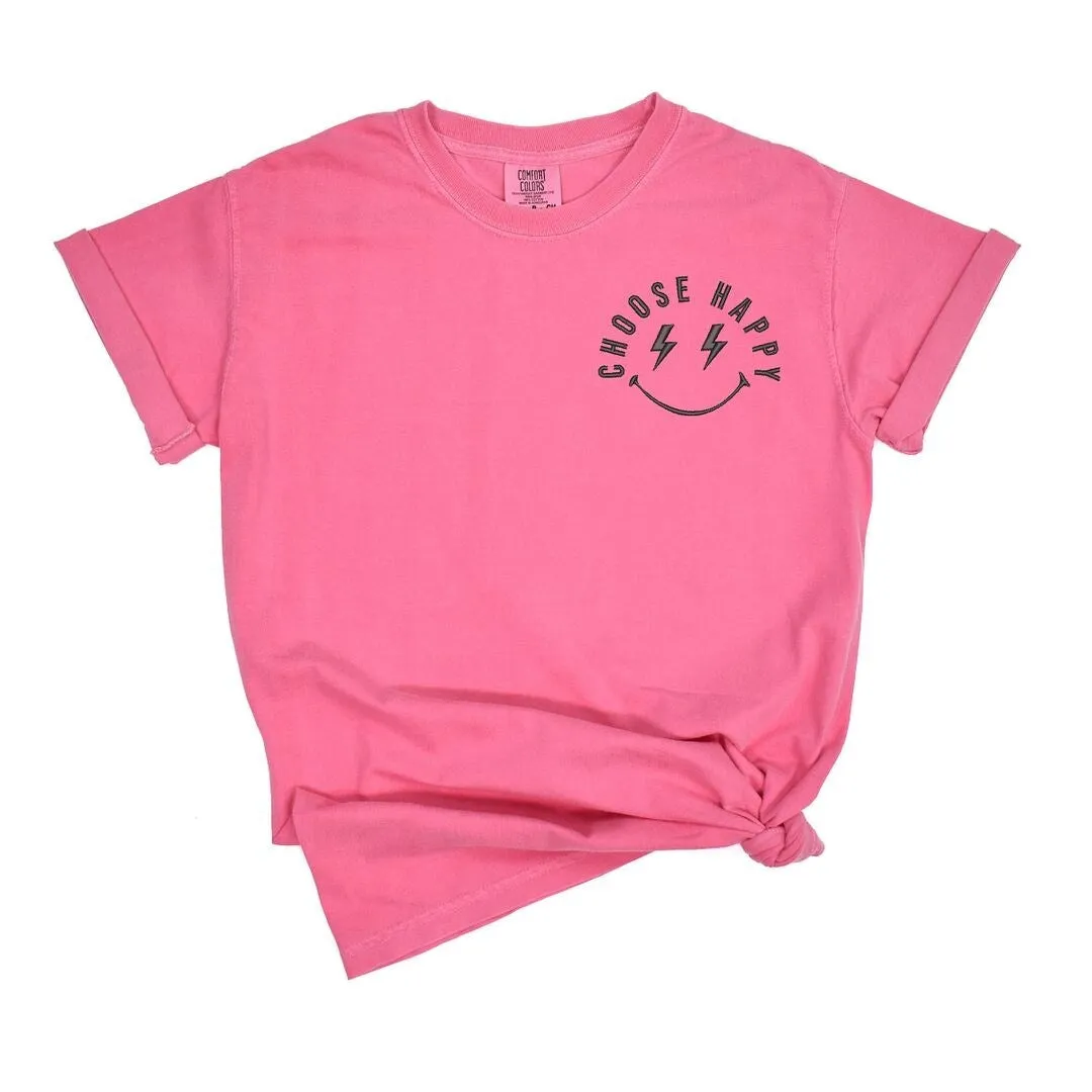 Embroidered Choose Happy Lightning Smiley Face Left Chest Garment Dyed Tee sold by Zulily product image thumbnail 2