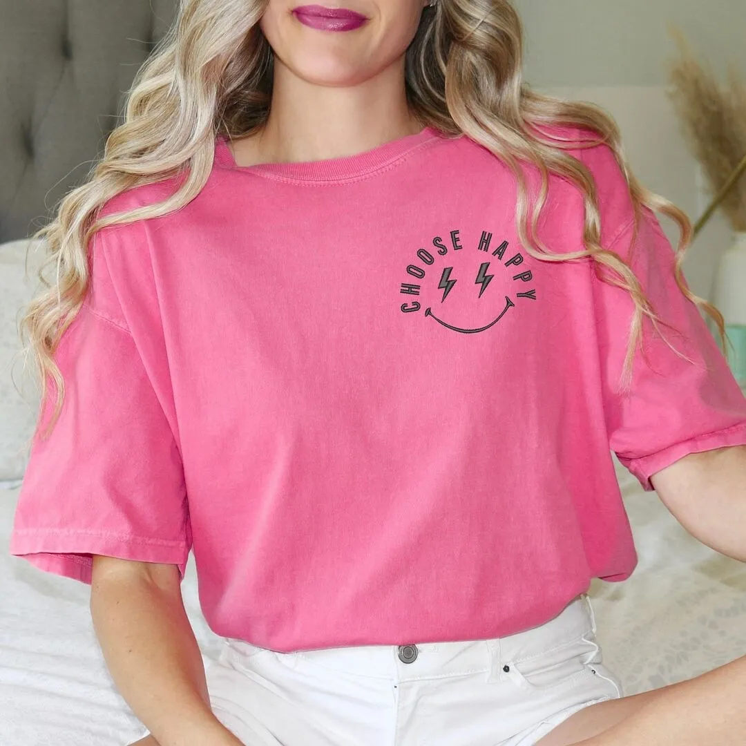 Embroidered Choose Happy Lightning Smiley Face Left Chest Garment Dyed Tee sold by Zulily product image thumbnail 3