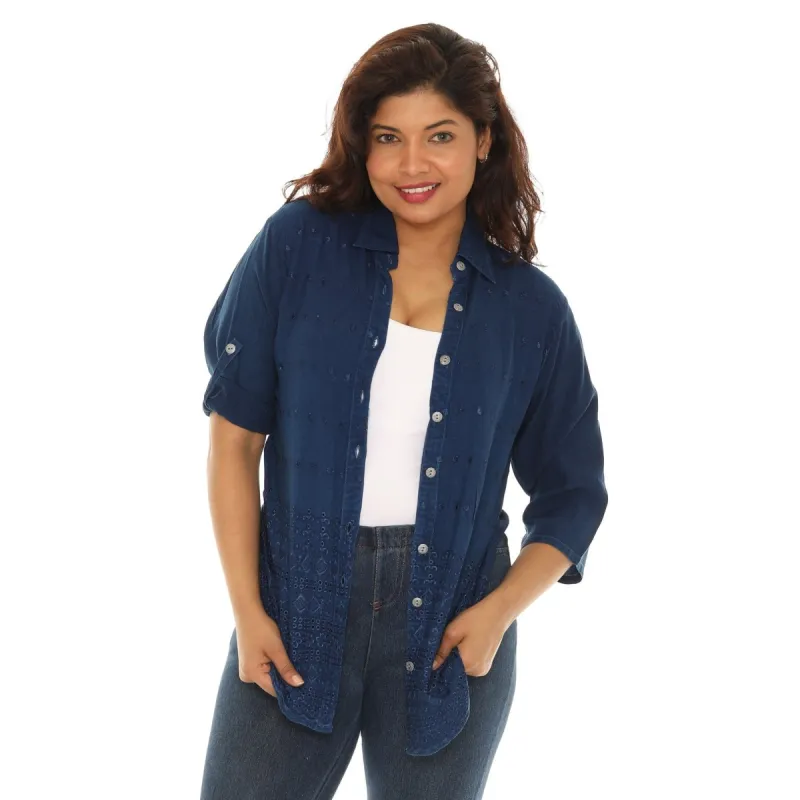 Embroidered Hem Women's Button Down Shirt sold by Zulily