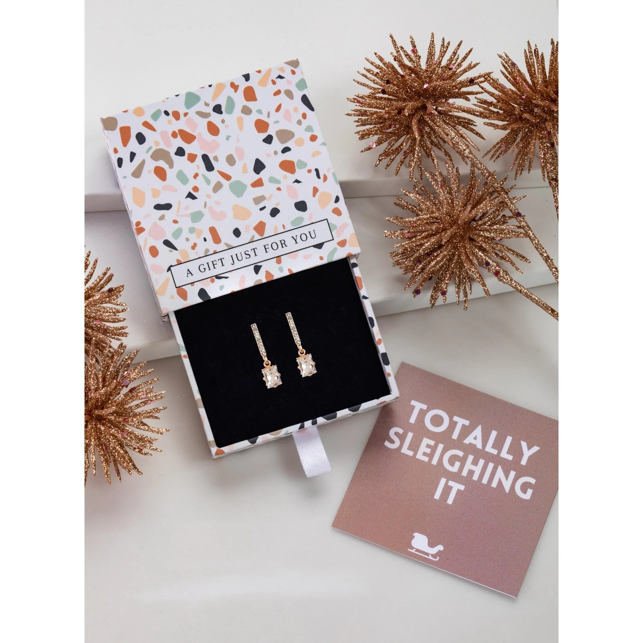 Cubic Zirconia Bar And Baguette Drop Earrings - In Gift Box - White sold by Zulily