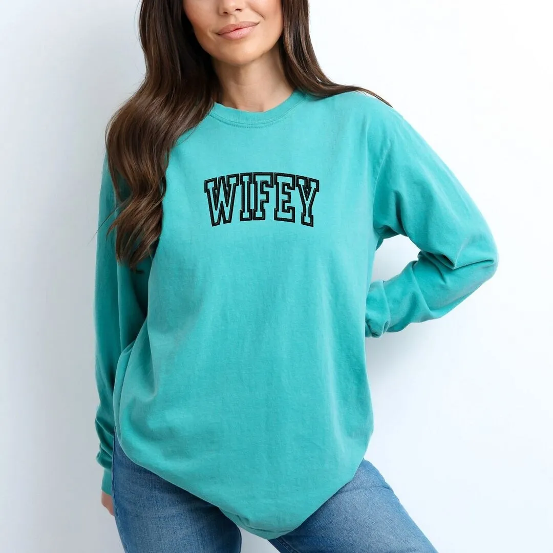 Embroidered Wifey Arched Varsity Garment Dyed Long Sleeve sold by Zulily product image thumbnail 4