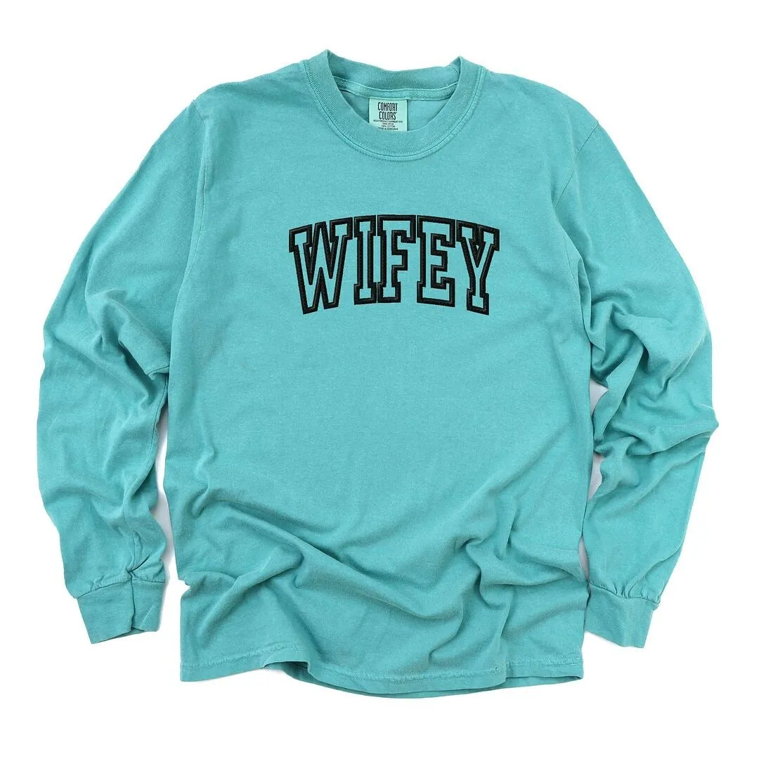 Embroidered Wifey Arched Varsity Garment Dyed Long Sleeve sold by Zulily product image thumbnail 2