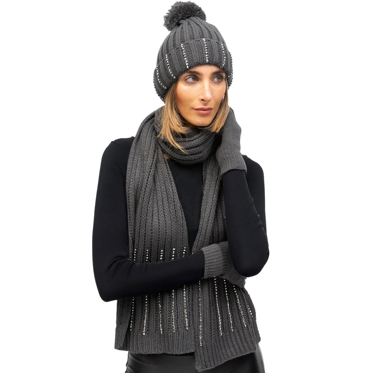 Just Jamie 3 Piece Winter Warm Soft Cable Knit with Stones Pom Pom Beanie Hat Scarf and Gloves Set sold by Zulily