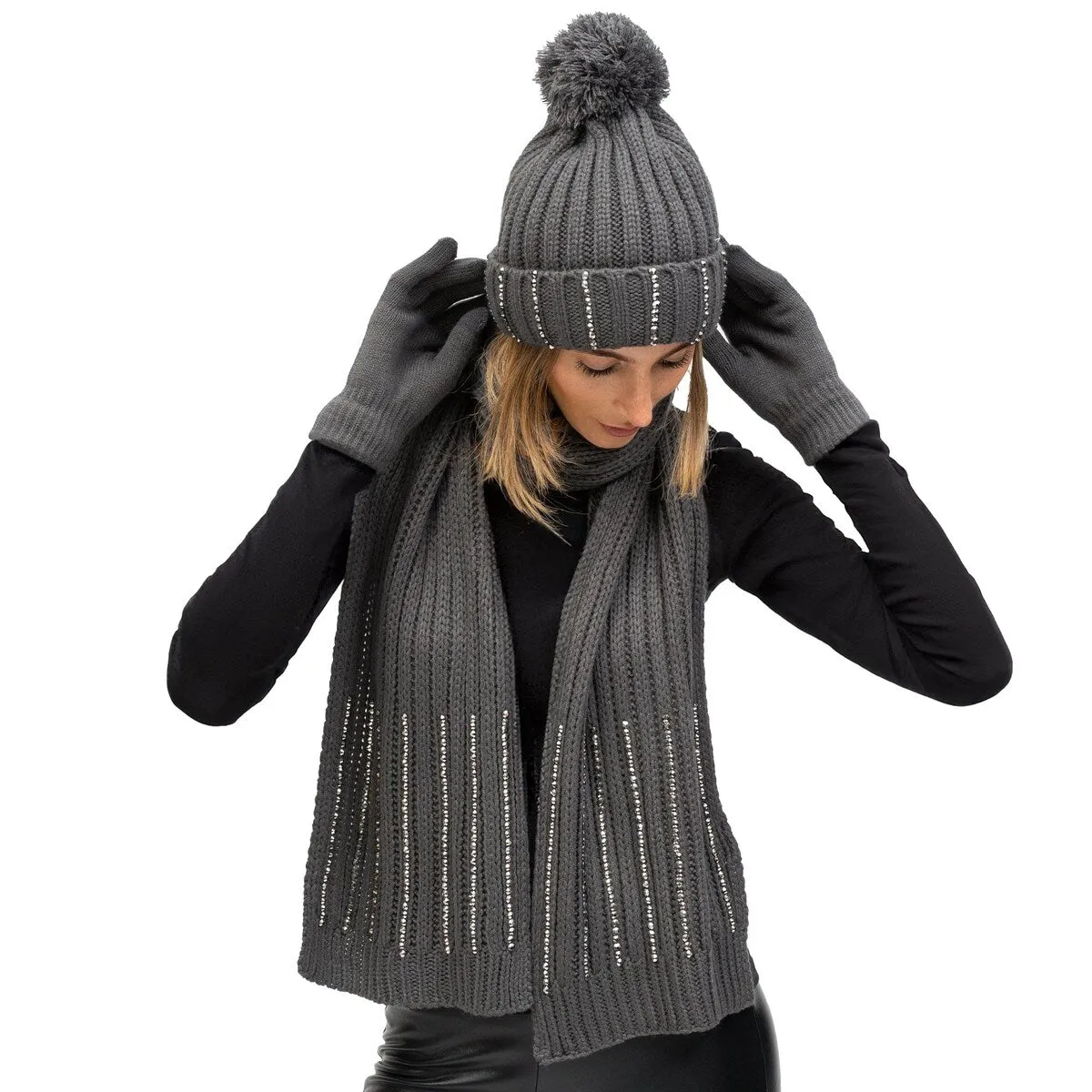 Just Jamie 3 Piece Winter Warm Soft Cable Knit with Stones Pom Pom Beanie Hat Scarf and Gloves Set sold by Zulily product image thumbnail 4