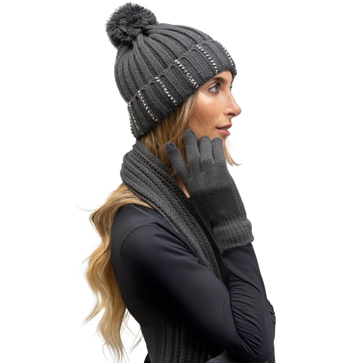 Just Jamie 3 Piece Winter Warm Soft Cable Knit with Stones Pom Pom Beanie Hat Scarf and Gloves Set sold by Zulily product image thumbnail 2