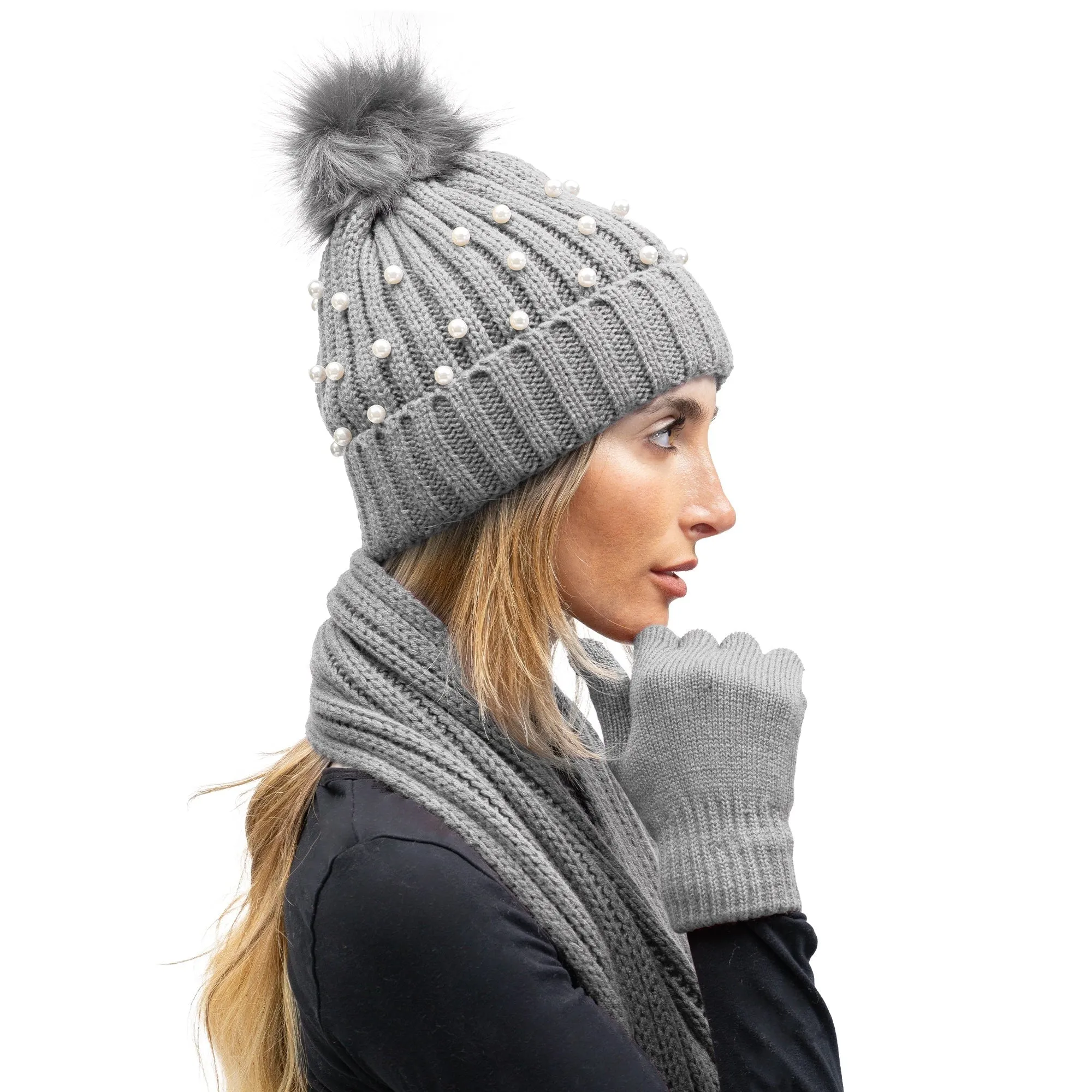 Just Jamie 3 Piece Winter Warm Soft Rib Knit with Pearl Pom Pom Beanie Hat Scarf and Gloves Set sold by Zulily product image thumbnail 2