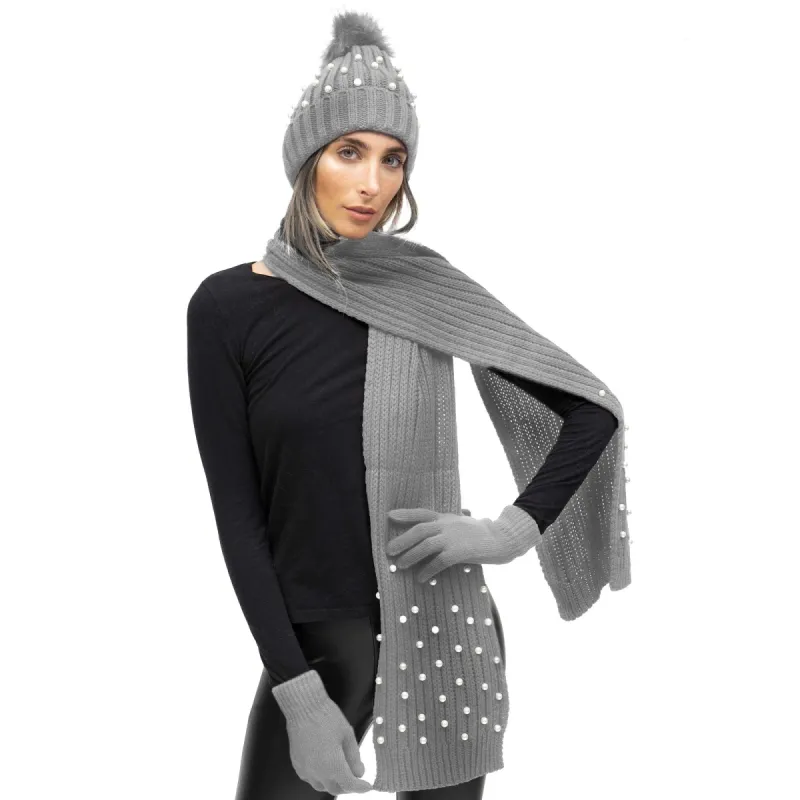 Just Jamie 3 Piece Winter Warm Soft Rib Knit with Pearl Pom Pom Beanie Hat Scarf and Gloves Set sold by Zulily