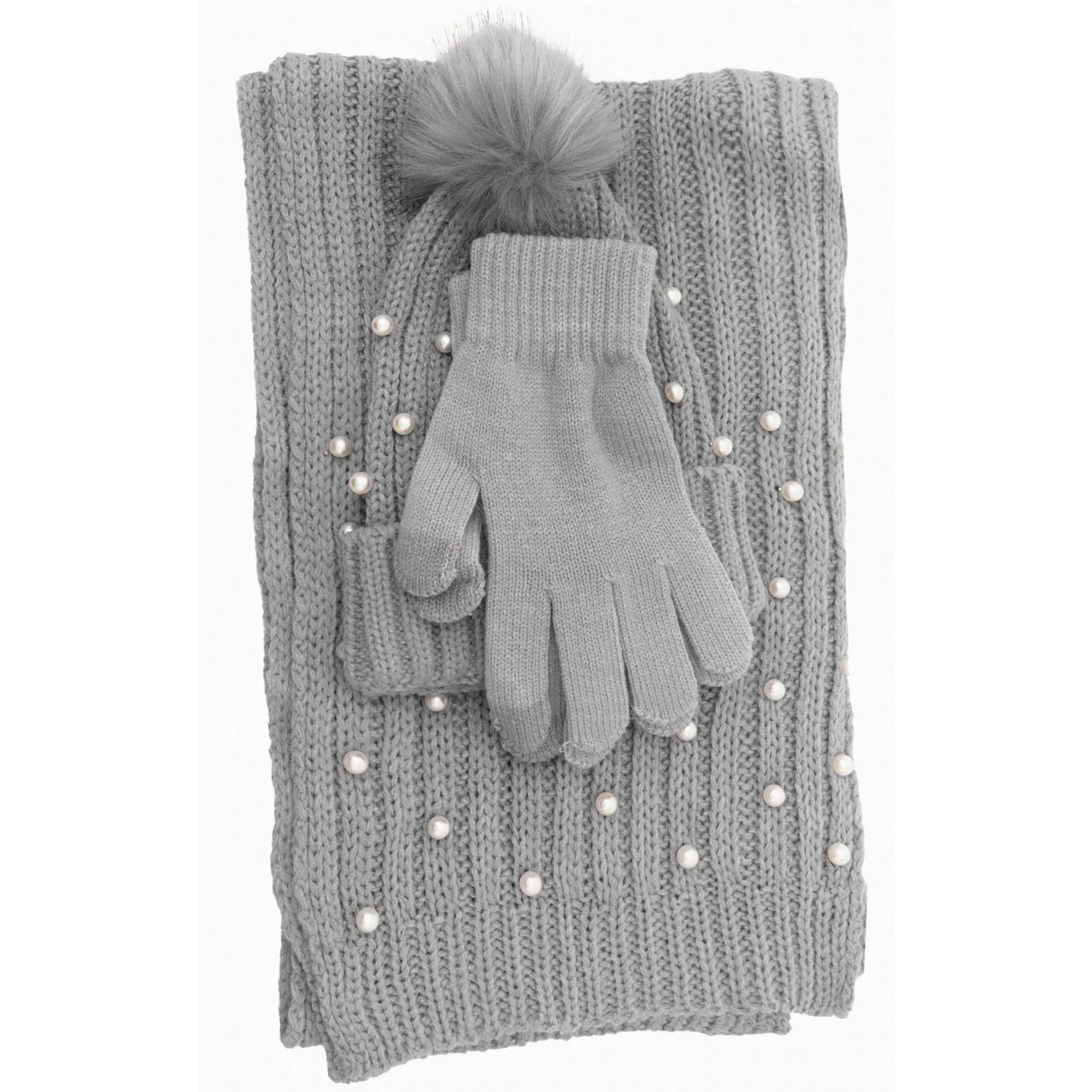 Just Jamie 3 Piece Winter Warm Soft Rib Knit with Pearl Pom Pom Beanie Hat Scarf and Gloves Set sold by Zulily product image thumbnail 3