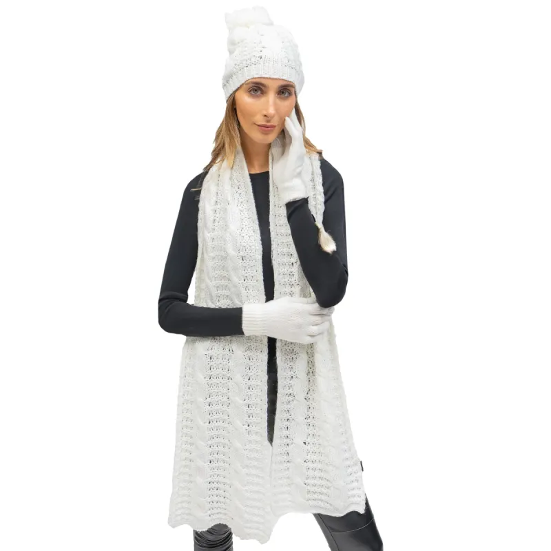 Just Jamie 3 Piece Winter Warm Soft Wide Cable Knit Pom Pom Beanie Hat Scarf and Gloves Set sold by Zulily