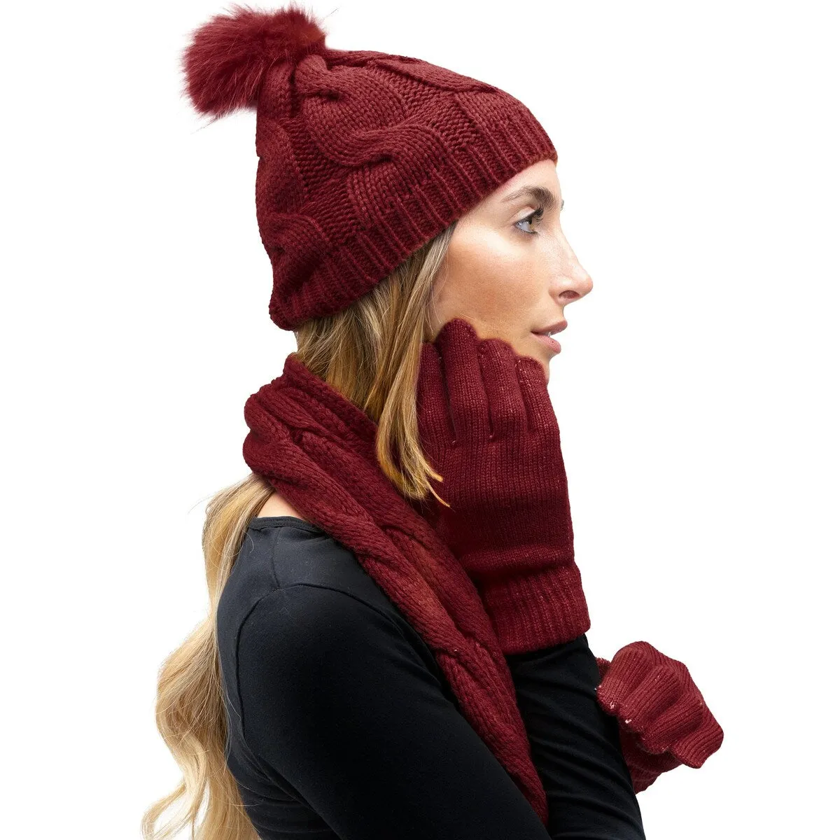 Just Jamie 3 Piece Winter Warm Soft Wide Cable Knit Pom Pom Beanie Hat Scarf and Gloves Set sold by Zulily product image thumbnail 3