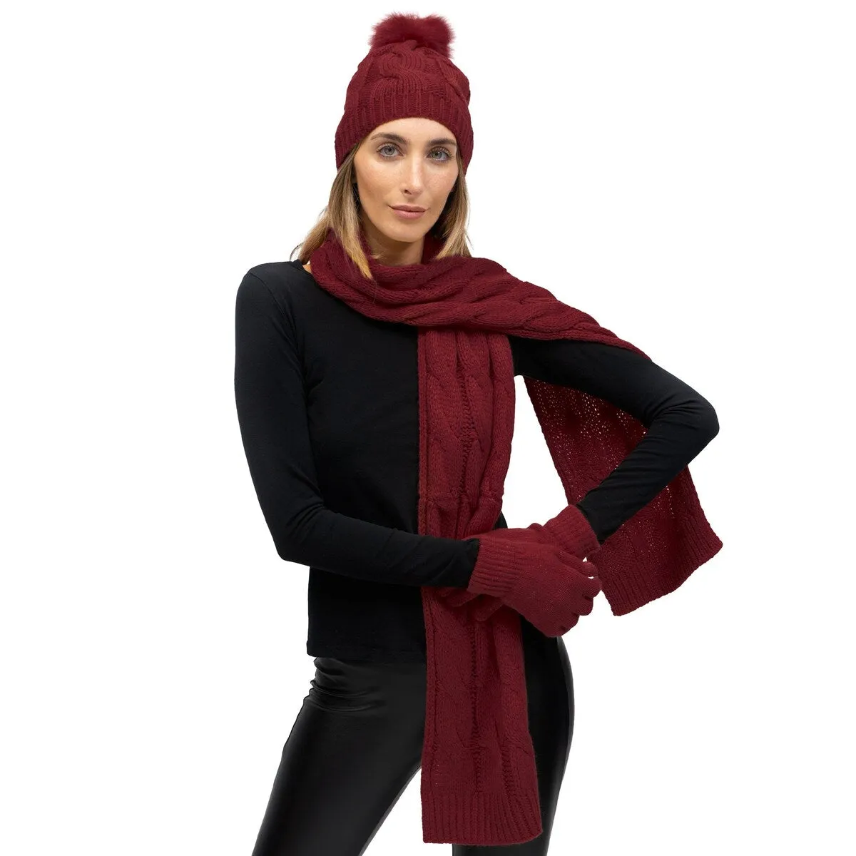 Just Jamie 3 Piece Winter Warm Soft Wide Cable Knit Pom Pom Beanie Hat Scarf and Gloves Set sold by Zulily product image thumbnail 4