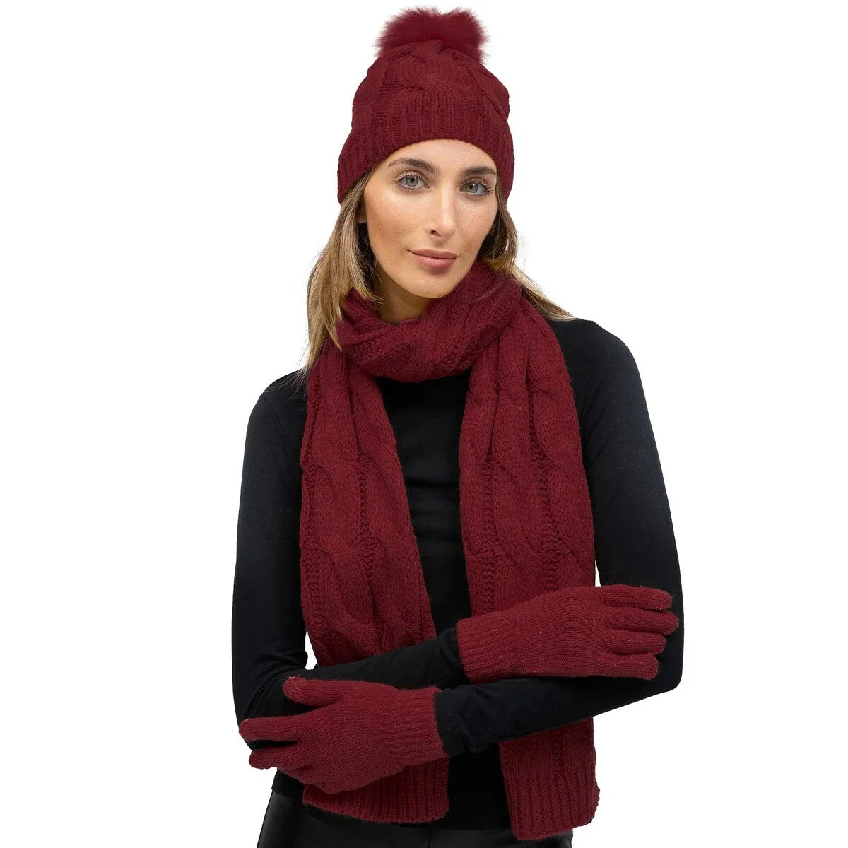 Just Jamie 3 Piece Winter Warm Soft Wide Cable Knit Pom Pom Beanie Hat Scarf and Gloves Set sold by Zulily product image thumbnail 2