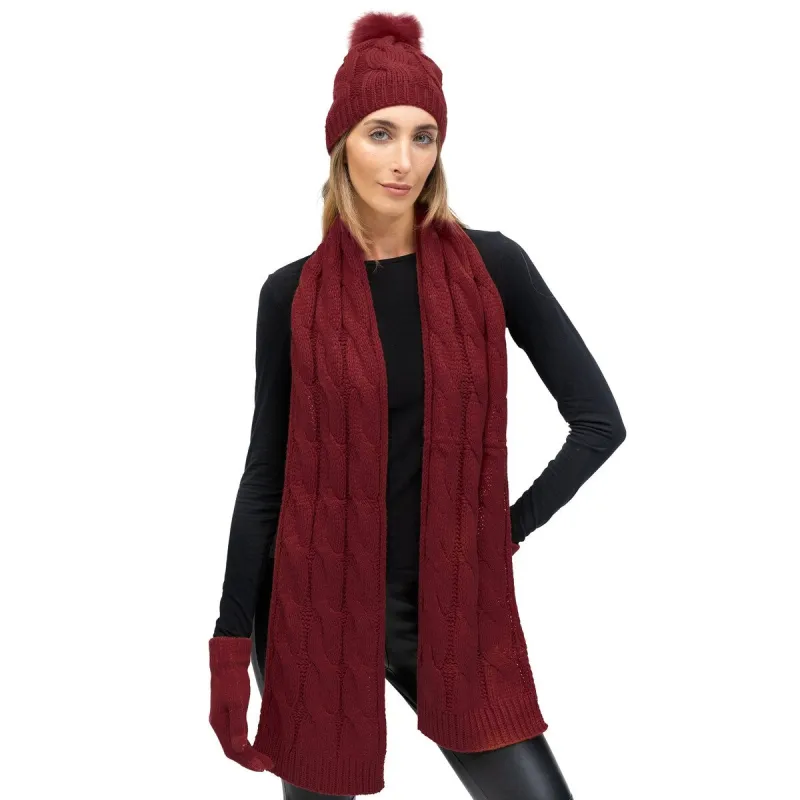 Just Jamie 3 Piece Winter Warm Soft Wide Cable Knit Pom Pom Beanie Hat Scarf and Gloves Set sold by Zulily