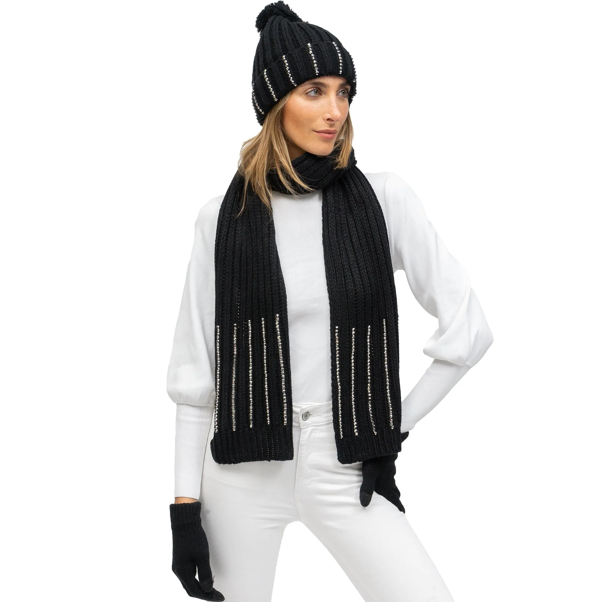 Just Jamie 3 Piece Winter Warm Soft Cable Knit with Stones Pom Pom Beanie Hat Scarf and Gloves Set sold by Zulily