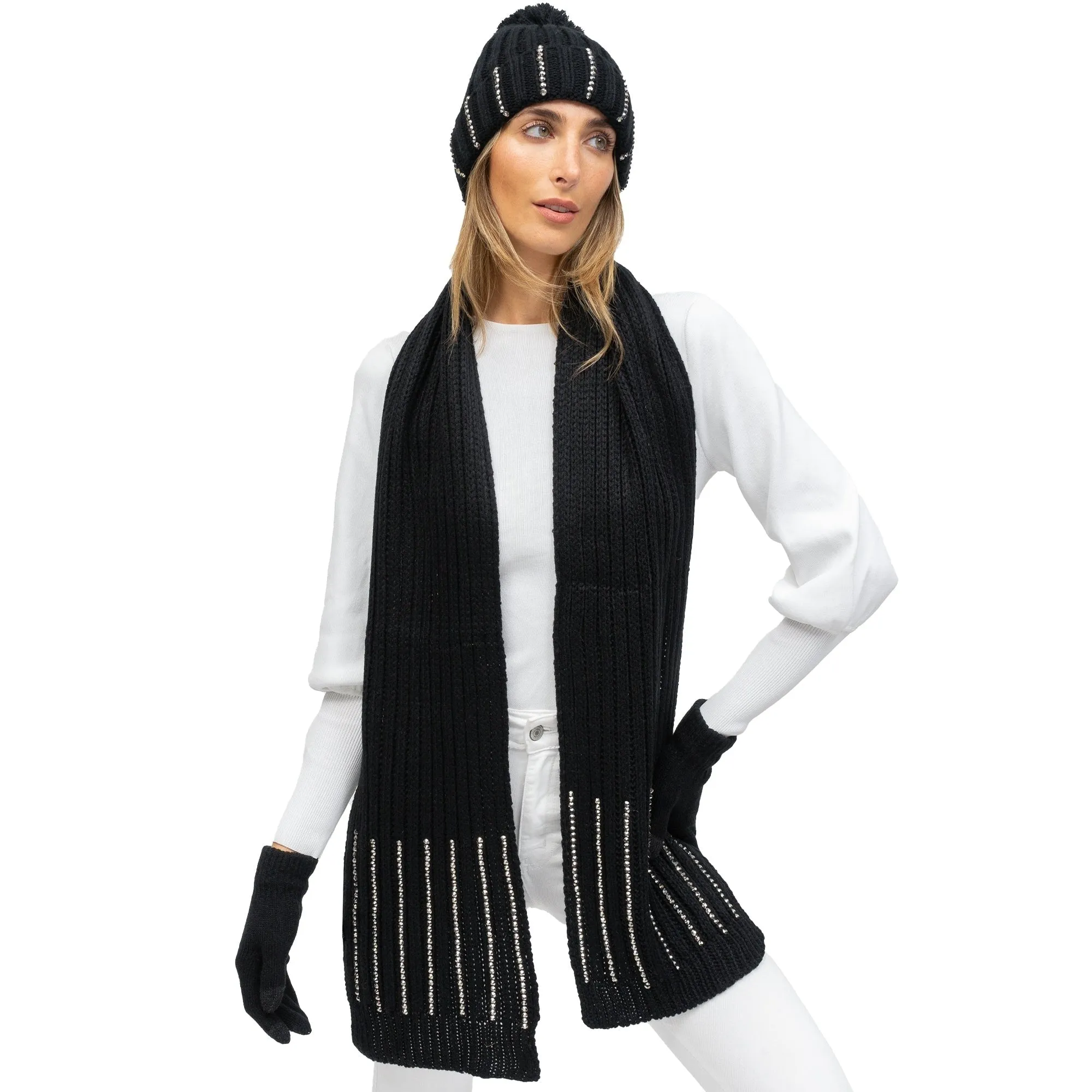 Just Jamie 3 Piece Winter Warm Soft Cable Knit with Stones Pom Pom Beanie Hat Scarf and Gloves Set sold by Zulily product image thumbnail 3