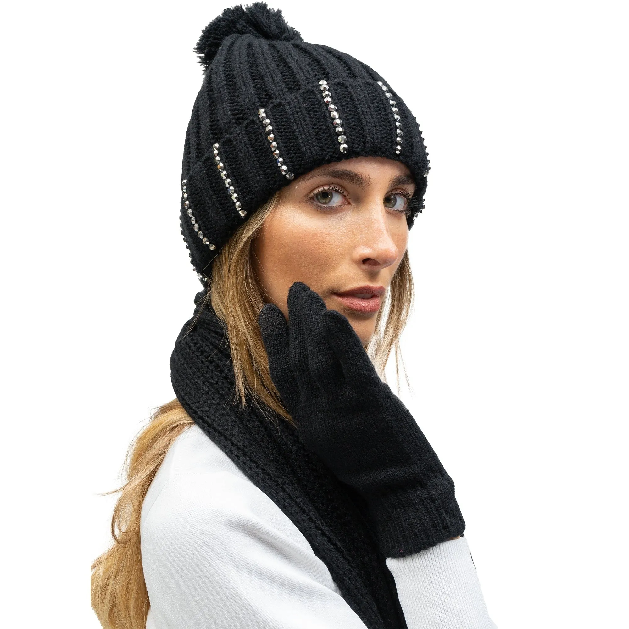 Just Jamie 3 Piece Winter Warm Soft Cable Knit with Stones Pom Pom Beanie Hat Scarf and Gloves Set sold by Zulily product image thumbnail 4