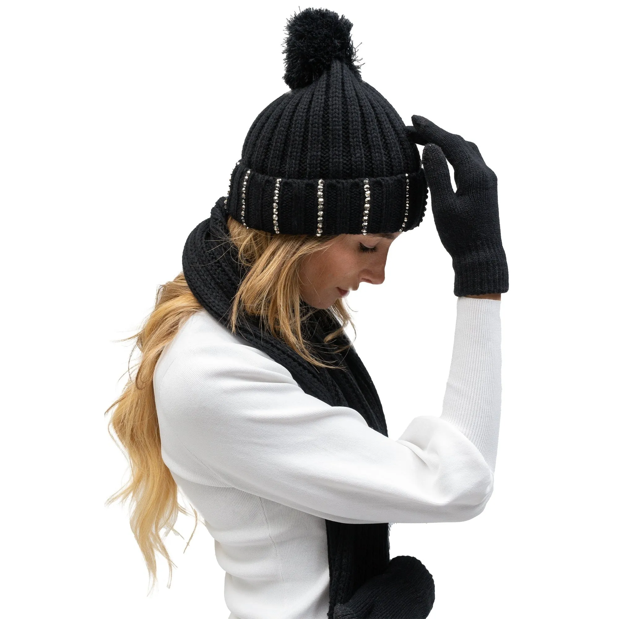 Just Jamie 3 Piece Winter Warm Soft Cable Knit with Stones Pom Pom Beanie Hat Scarf and Gloves Set sold by Zulily product image thumbnail 2