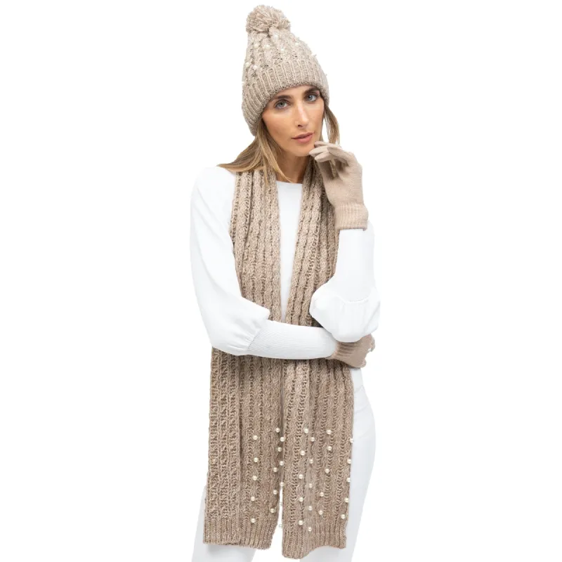 Just Jamie 3 Piece Marled Winter Warm Soft Knit with Pearls Pom Pom Beanie Hat Scarf and Gloves Set sold by Zulily