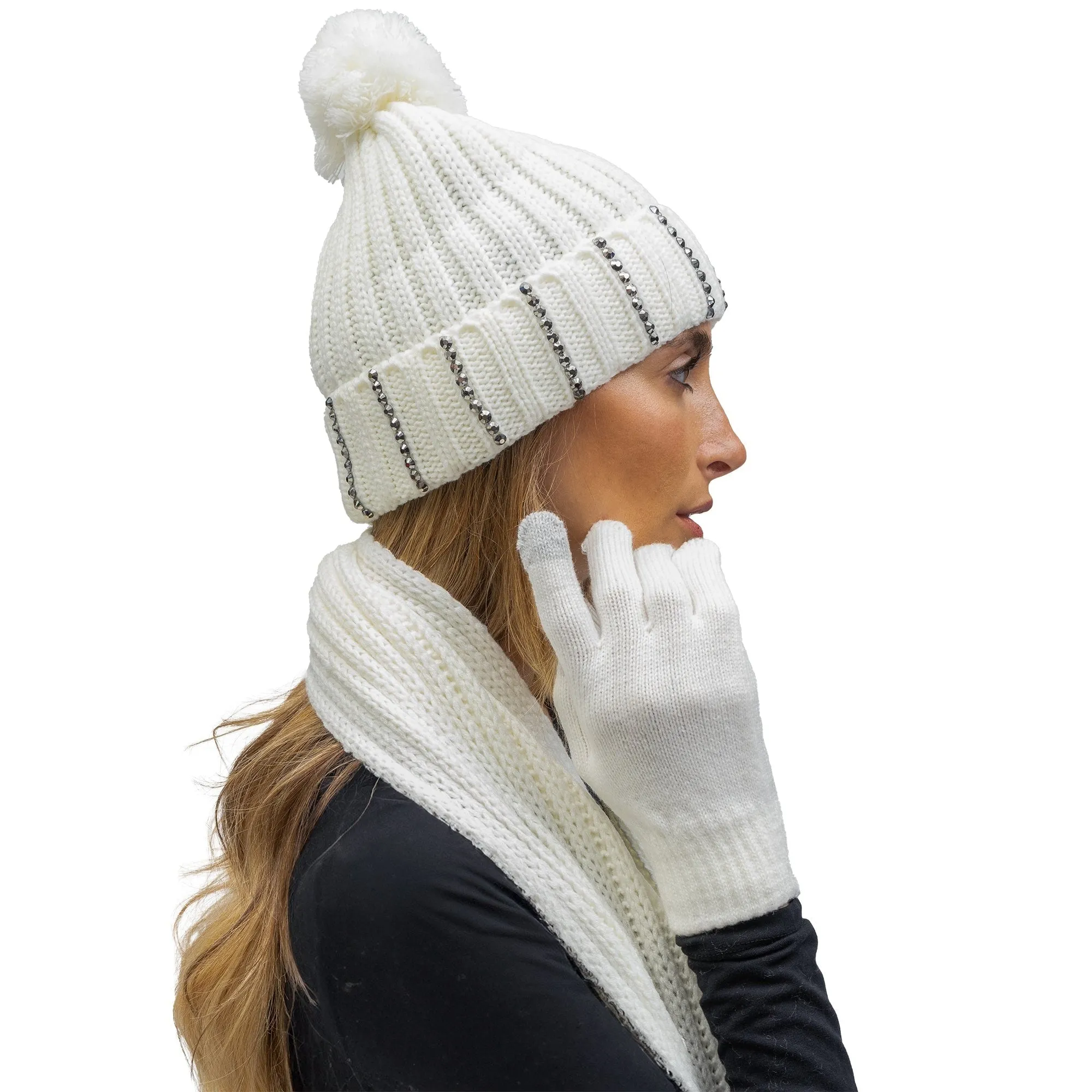 Just Jamie 3 Piece Winter Warm Soft Cable Knit with Stones Pom Pom Beanie Hat Scarf and Gloves Set sold by Zulily product image thumbnail 3