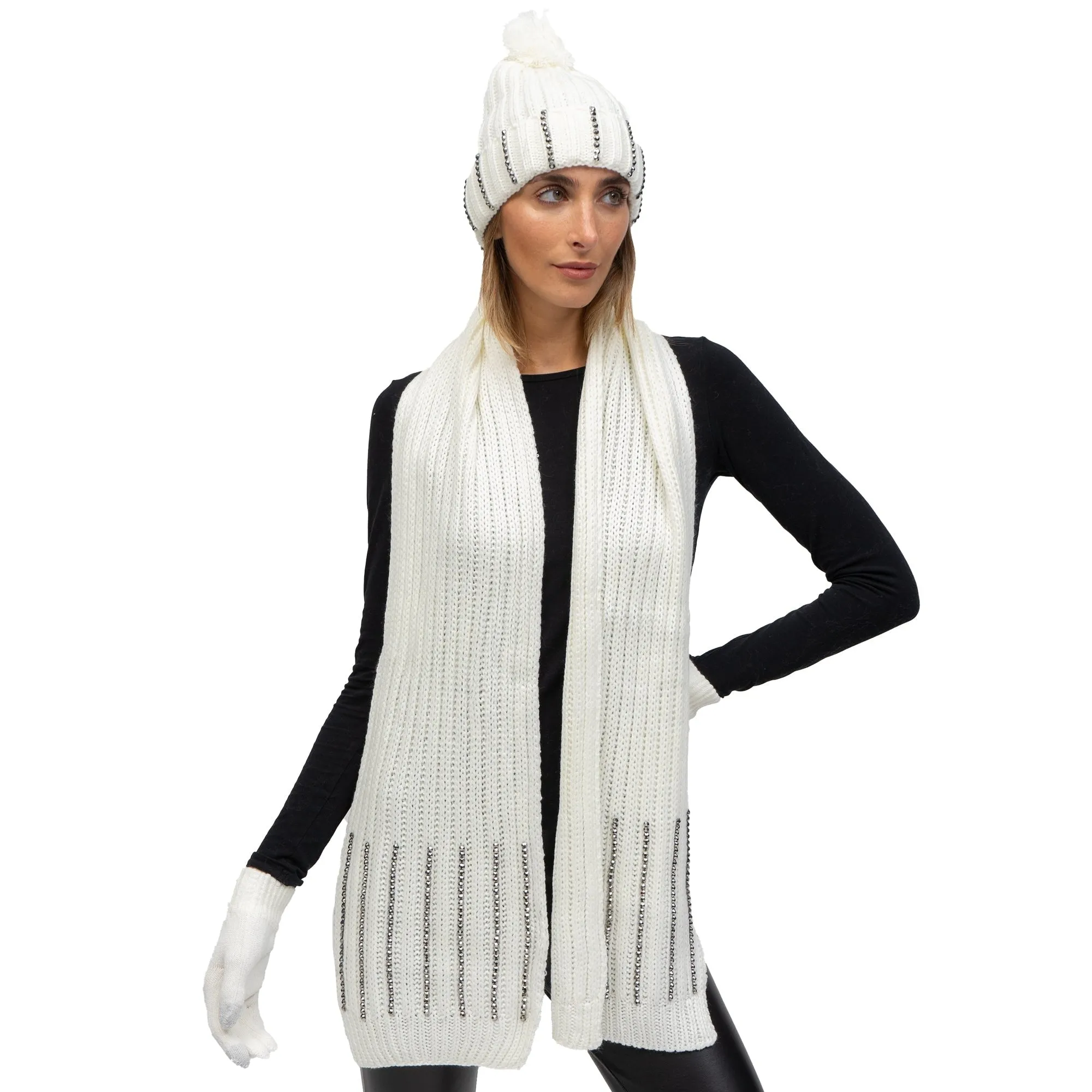 Just Jamie 3 Piece Winter Warm Soft Cable Knit with Stones Pom Pom Beanie Hat Scarf and Gloves Set sold by Zulily product image thumbnail 4
