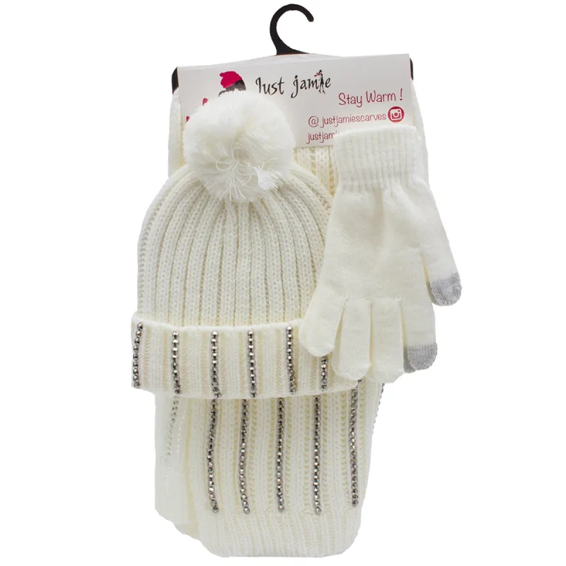 Just Jamie 3 Piece Winter Warm Soft Cable Knit with Stones Pom Pom Beanie Hat Scarf and Gloves Set sold by Zulily