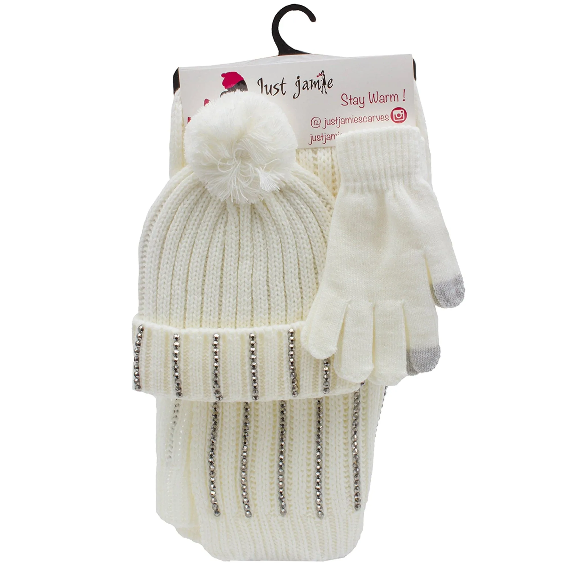 Just Jamie 3 Piece Winter Warm Soft Cable Knit with Stones Pom Pom Beanie Hat Scarf and Gloves Set sold by Zulily