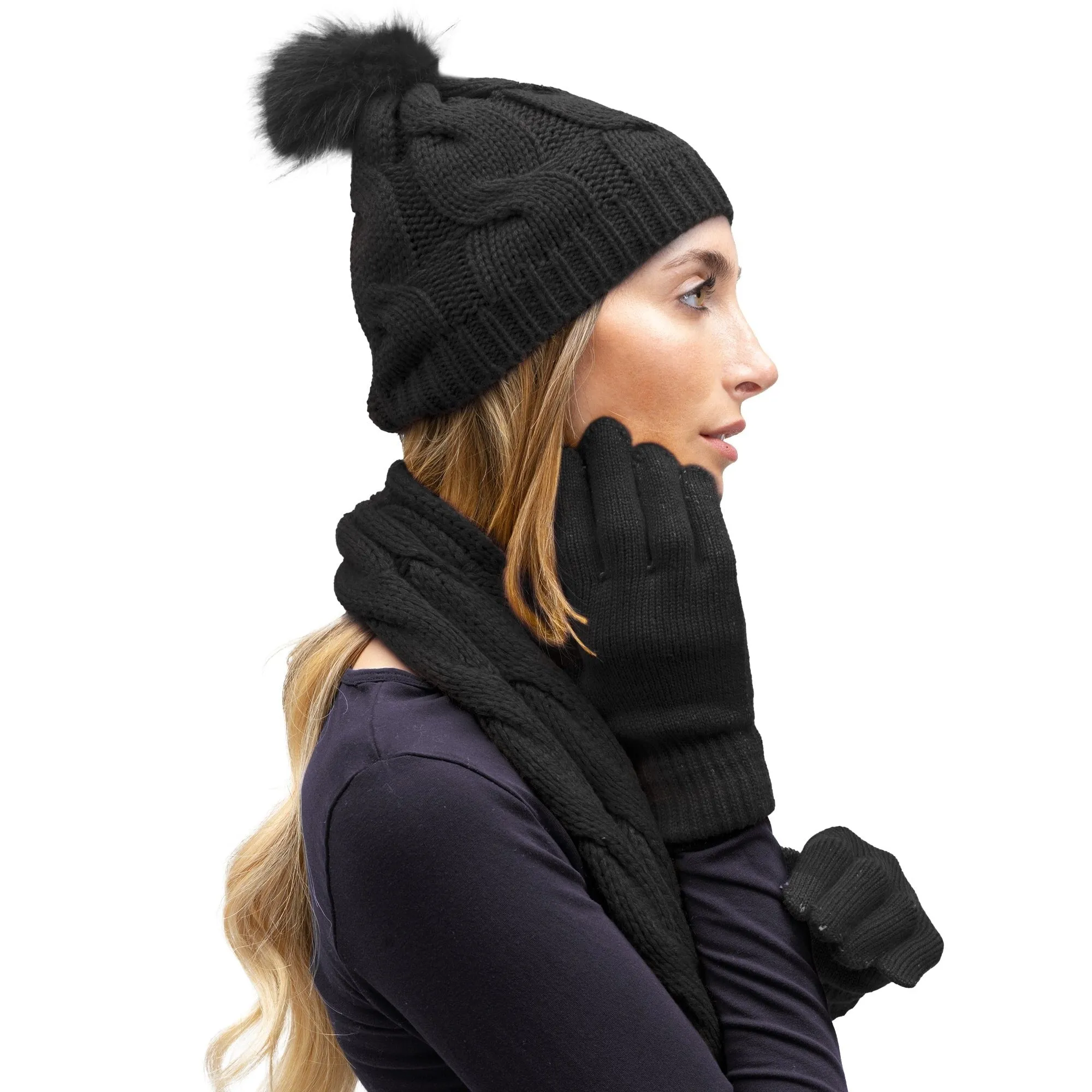 Just Jamie 3 Piece Winter Warm Soft Wide Cable Knit Pom Pom Beanie Hat Scarf and Gloves Set sold by Zulily