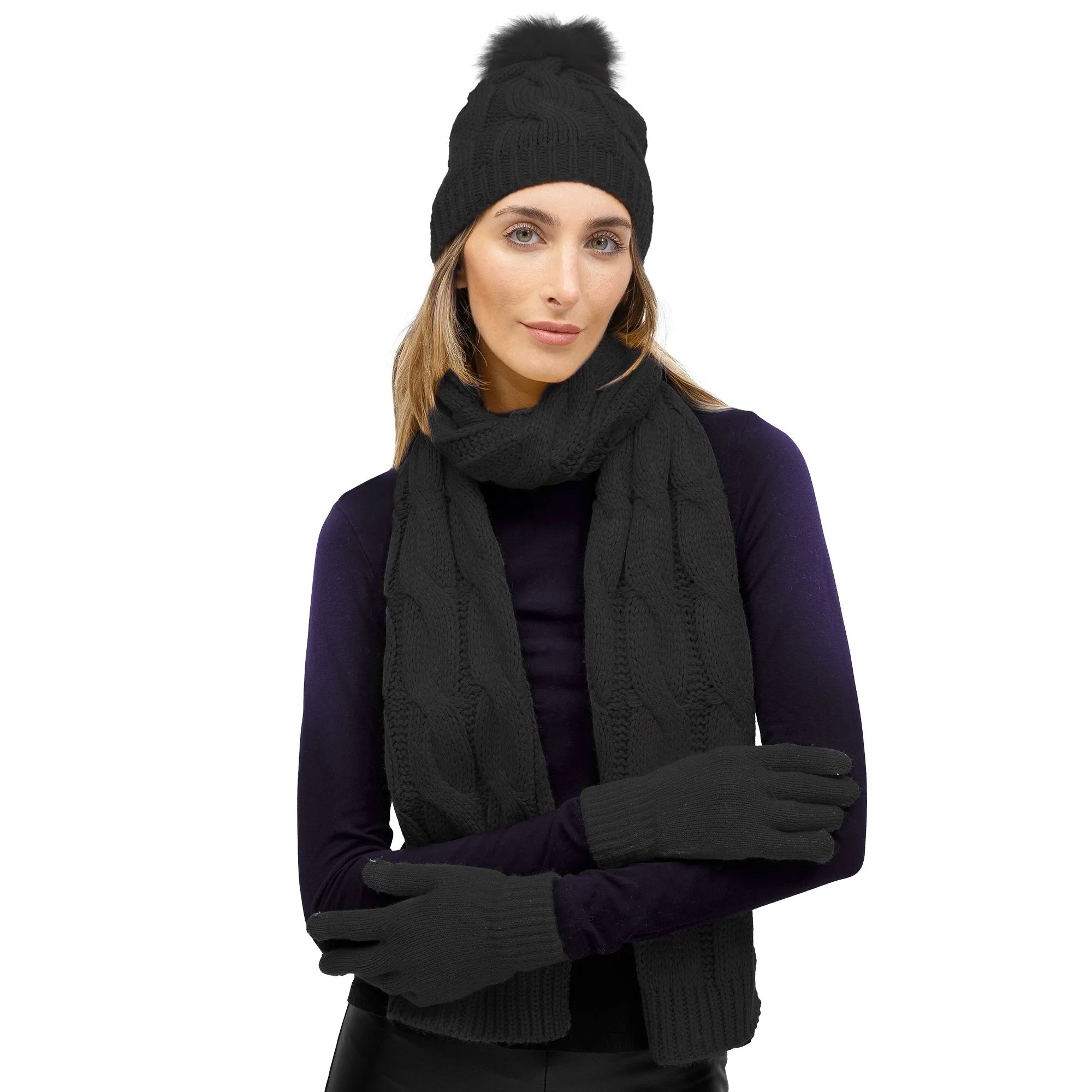Just Jamie 3 Piece Winter Warm Soft Wide Cable Knit Pom Pom Beanie Hat Scarf and Gloves Set sold by Zulily product image thumbnail 3