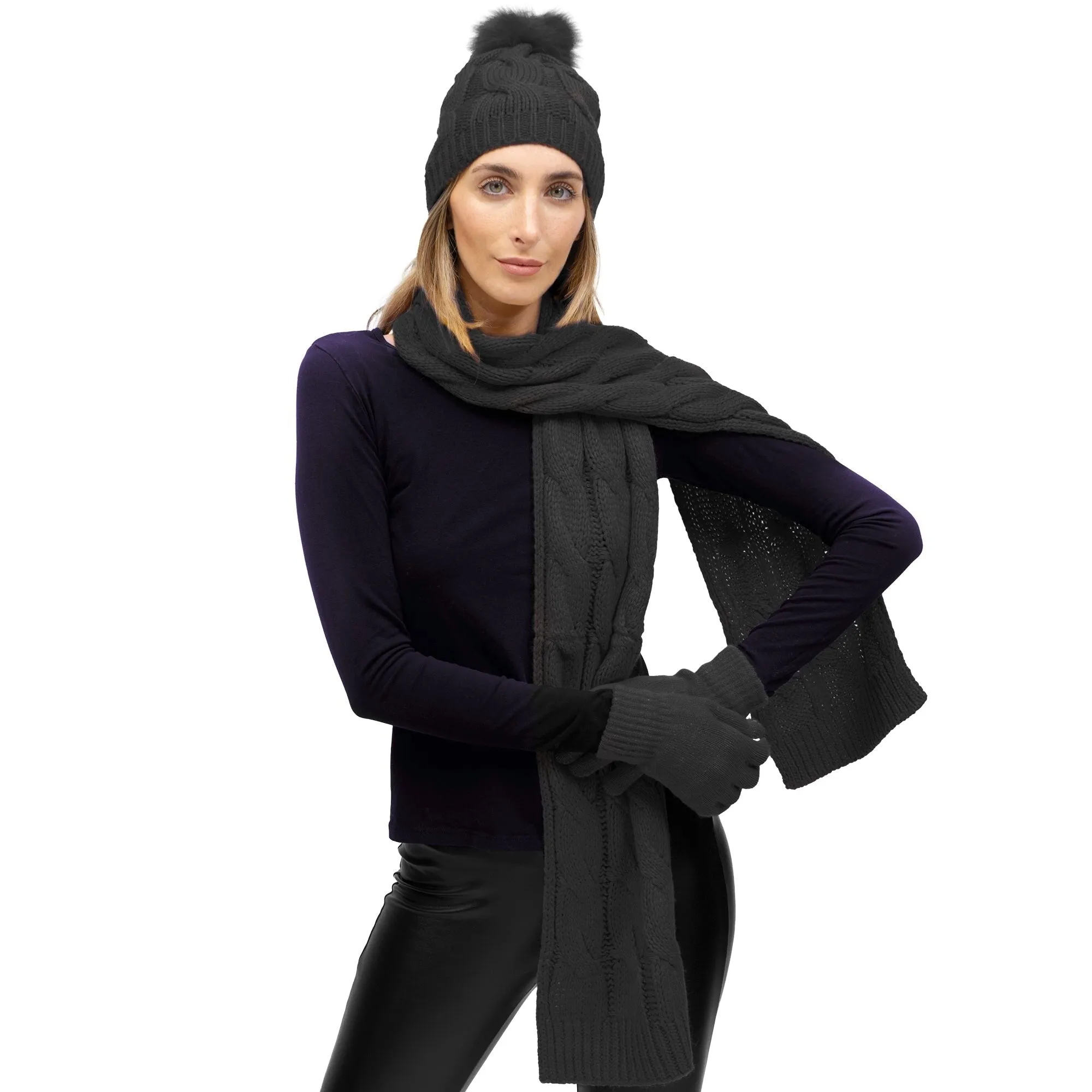 Just Jamie 3 Piece Winter Warm Soft Wide Cable Knit Pom Pom Beanie Hat Scarf and Gloves Set sold by Zulily product image thumbnail 2