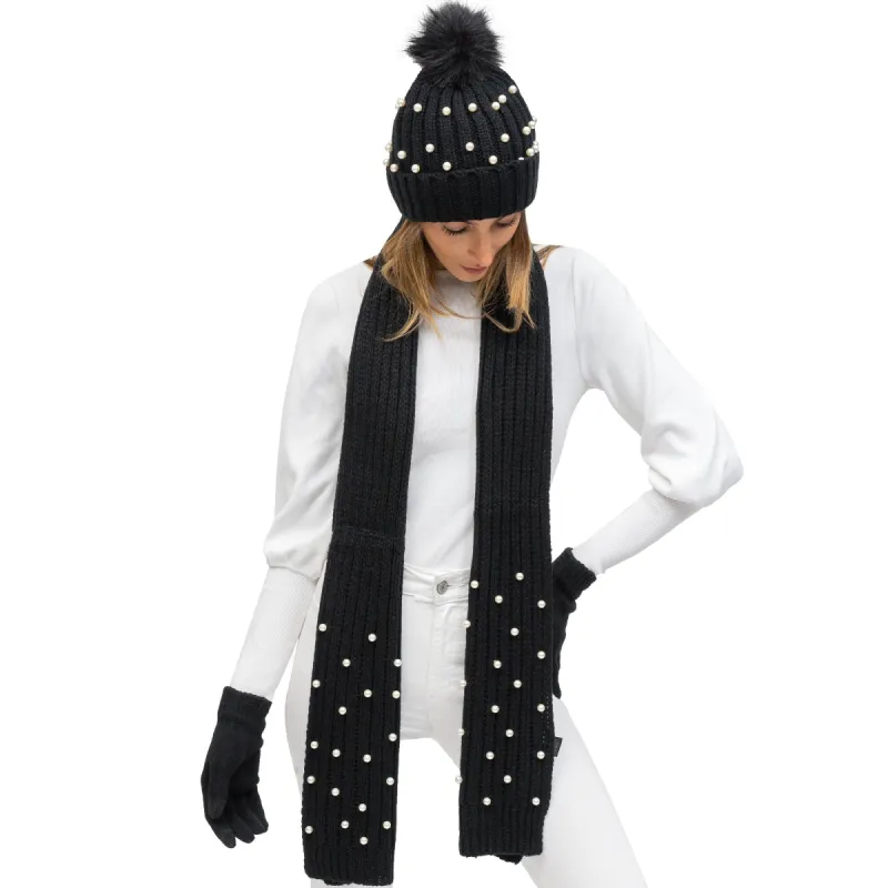 Just Jamie 3 Piece Winter Warm Soft Rib Knit with Pearl Pom Pom Beanie Hat Scarf and Gloves Set sold by Zulily