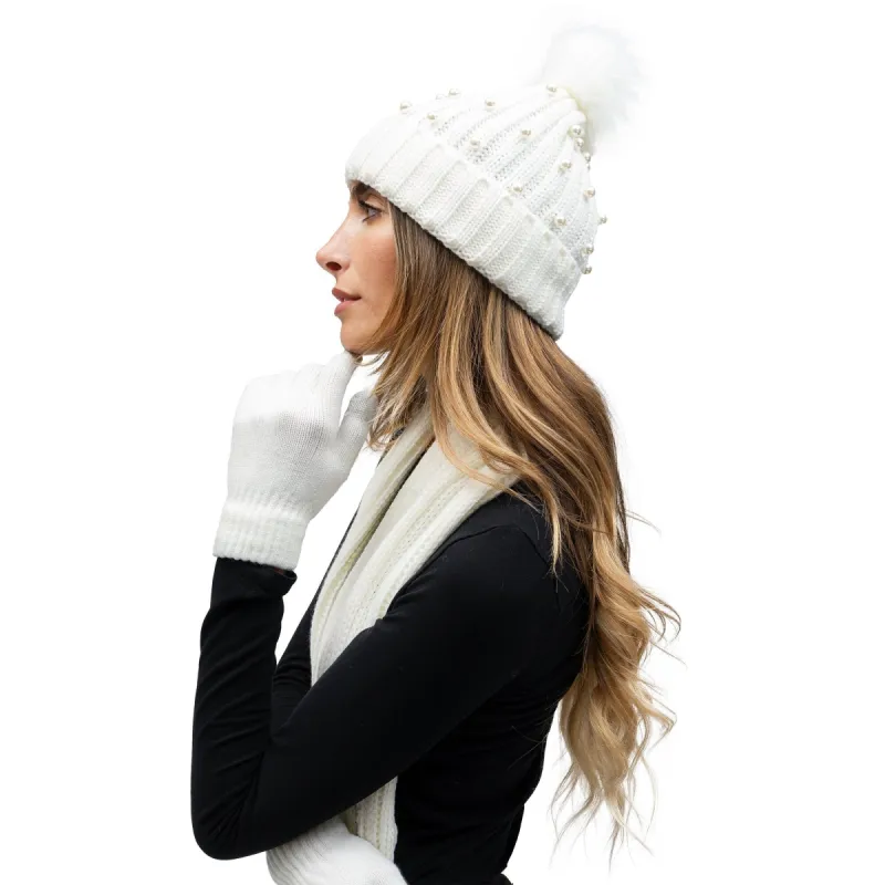 Just Jamie 3 Piece Winter Warm Soft Rib Knit with Pearl Pom Pom Beanie Hat Scarf and Gloves Set sold by Zulily