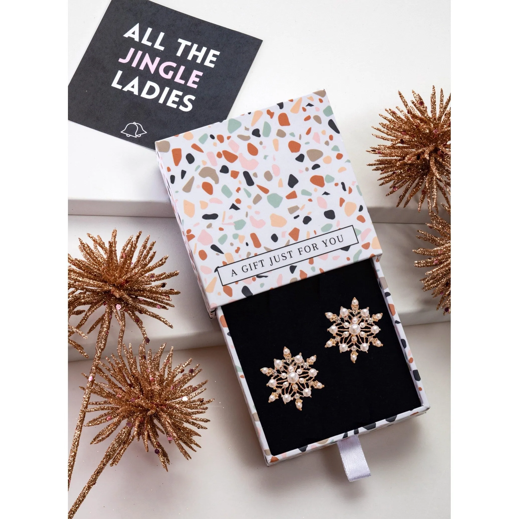 Imitation Pearl Snowflake Stud Earrings - In Gift Box - White sold by Zulily